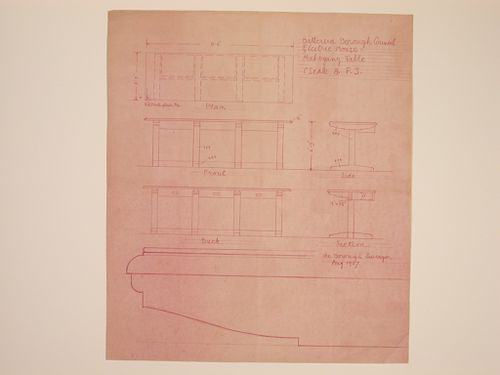 Elevations, plan, profile and section for a mahogany table for Electric House, Battersea Borough