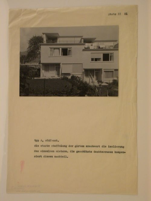 View of the south façade of Type A row houses showing gardens and roof terraces, Werkbundsiedlung Neubühl, Zurich, Switzerland