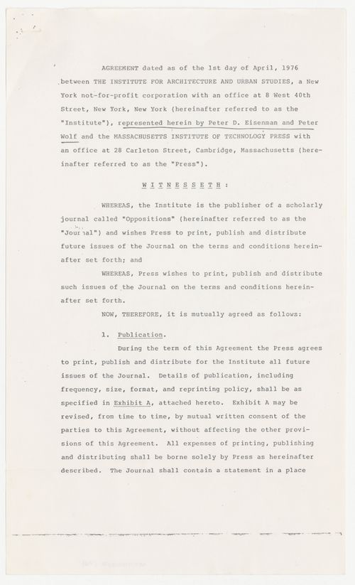 Agreement between IAUS and the Massachusetts Institute of Technology (MIT) Press to publish Oppositions Journal