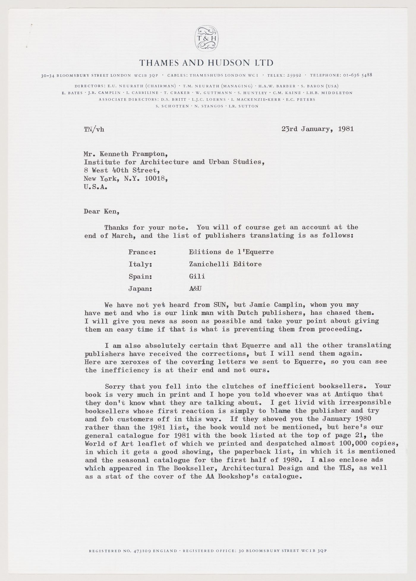 Letter from Thomas Neurath to Kenneth Frampton about "Modern Architecture: A Critical History" Translations