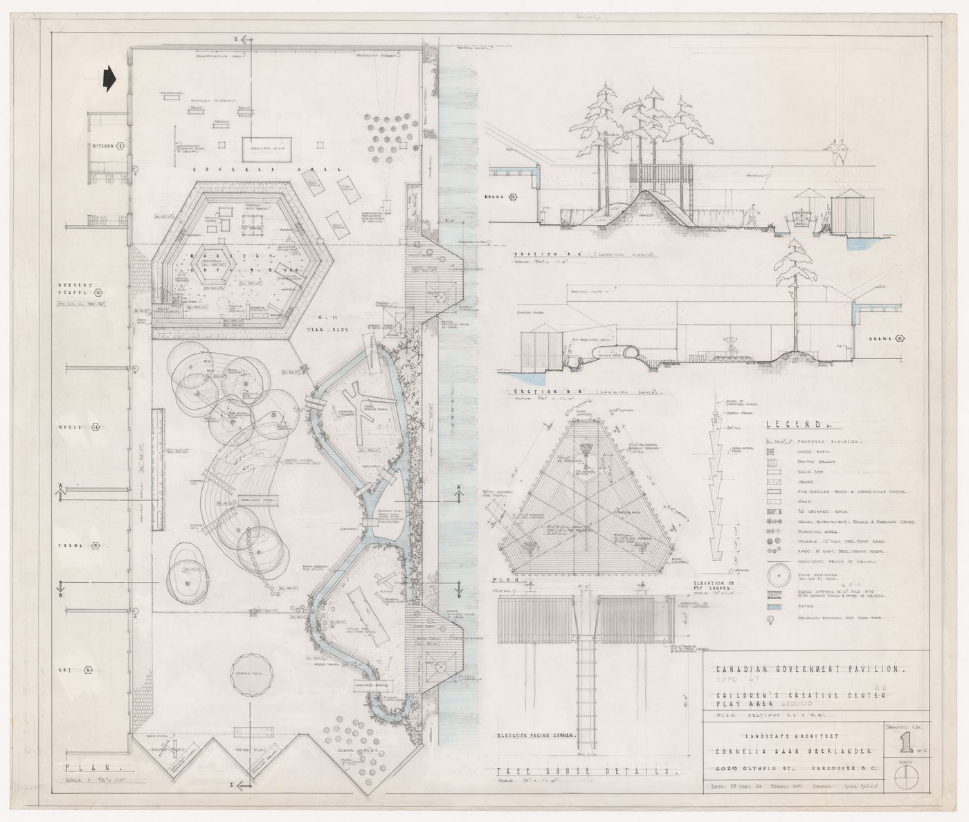 Plan, sections, elevations, and details for Children's Creative Centre Playground, Canadian Federal Pavilion, Expo '67, Montréal, Québec