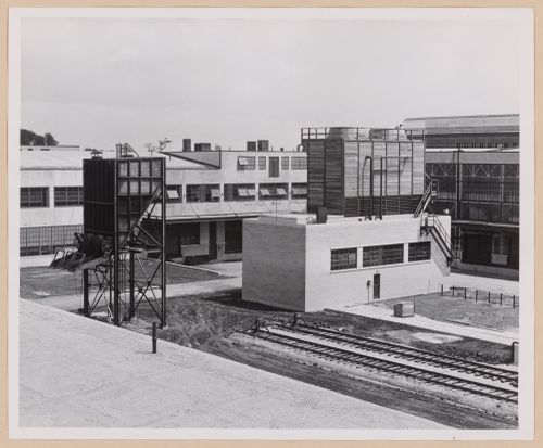 View of a courtyard showing the Manufacturing Building, Pump House and Chip Hopper, General Motors Corporation New Departure division Automobile [?] Assembly Plant, Sandusky, Ohio