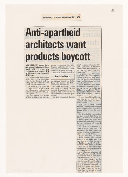 Newspaper clipping, "Anti-apartheid architects want products boycott"