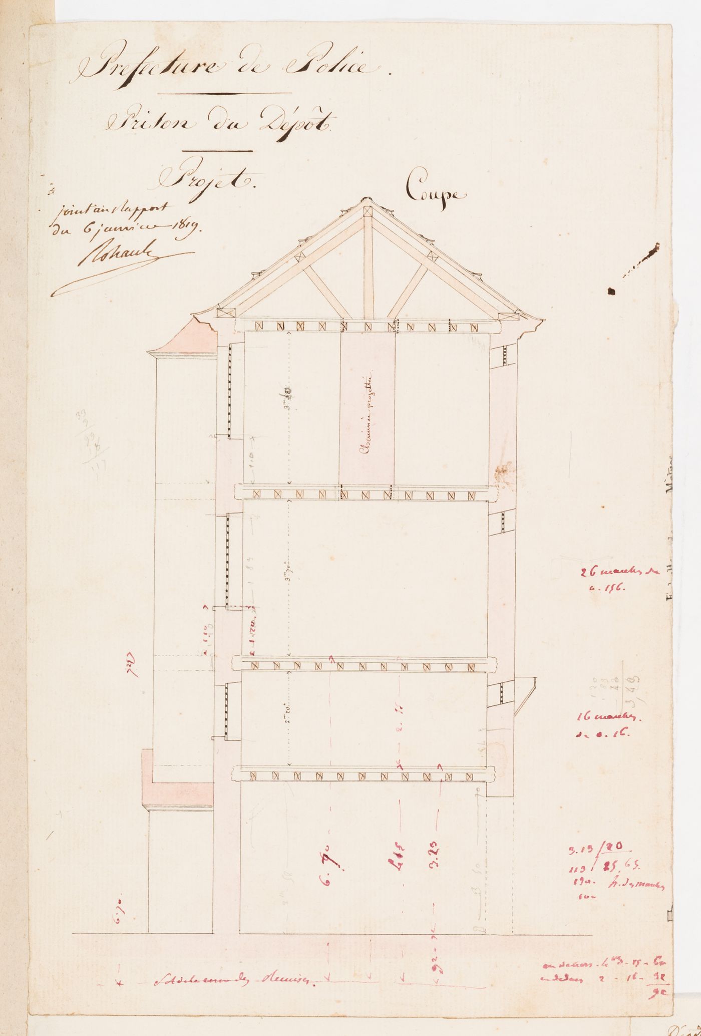 Project for the enlargement of the prison near the Préfecture de police, rue de Jérusalem, Paris: Cross section