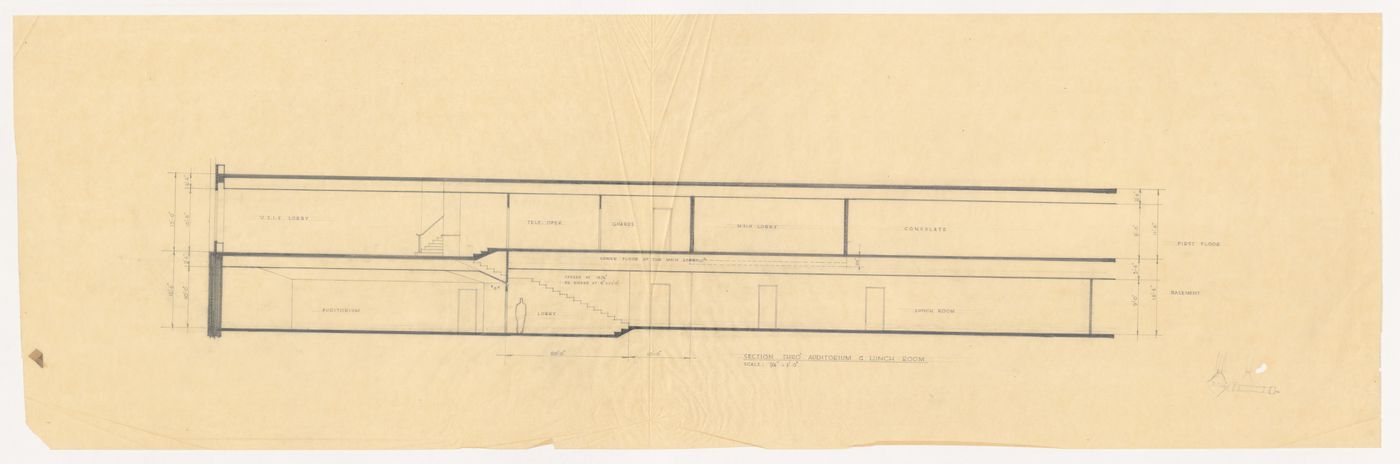 Section through auditorium and lunch room with sketch for United States Embassy, Oslo, Norway
