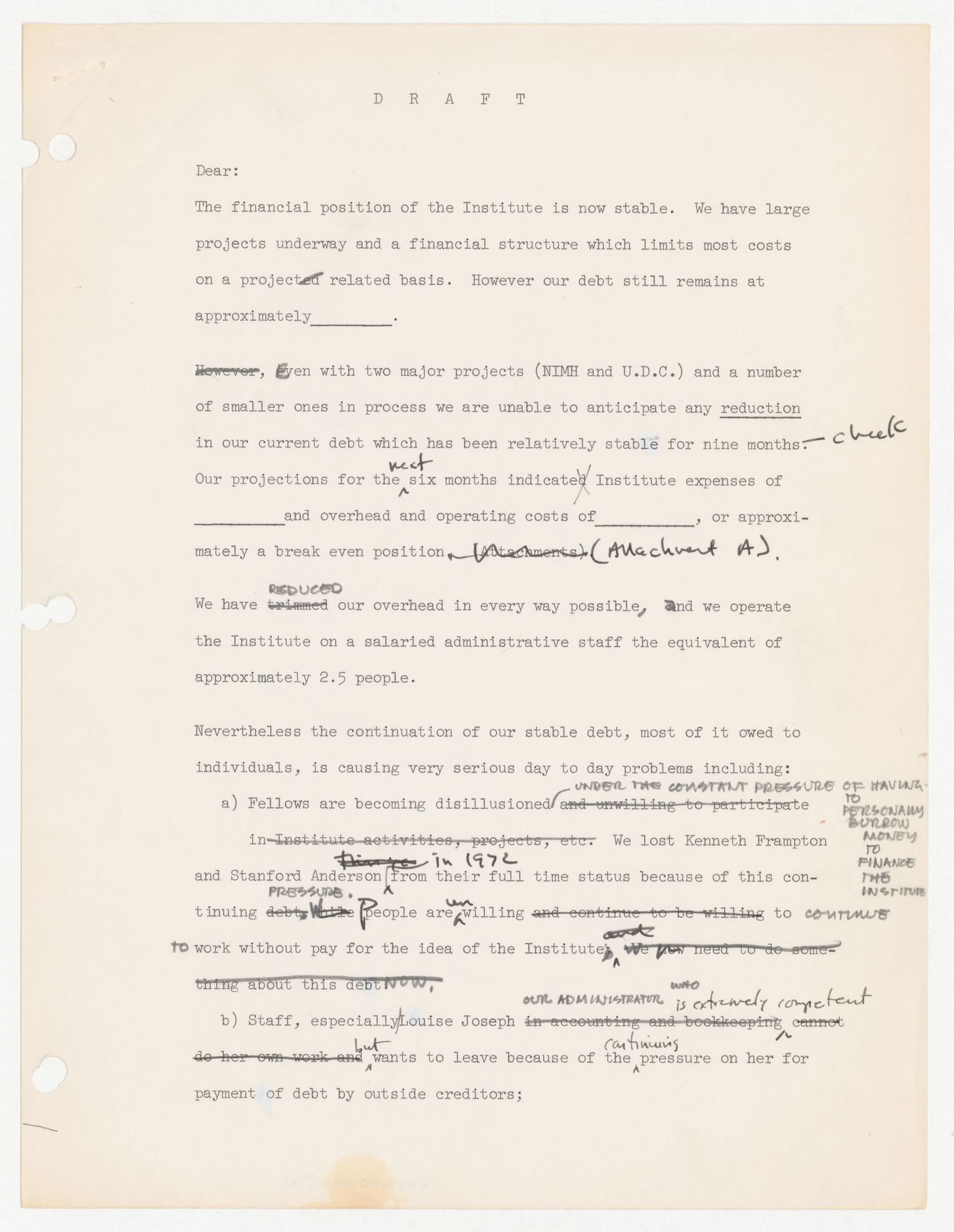 Draft memorandum from Peter Wolf and Peter D. Eisenman about financial status of IAUS and fundraising with corrections and annotations