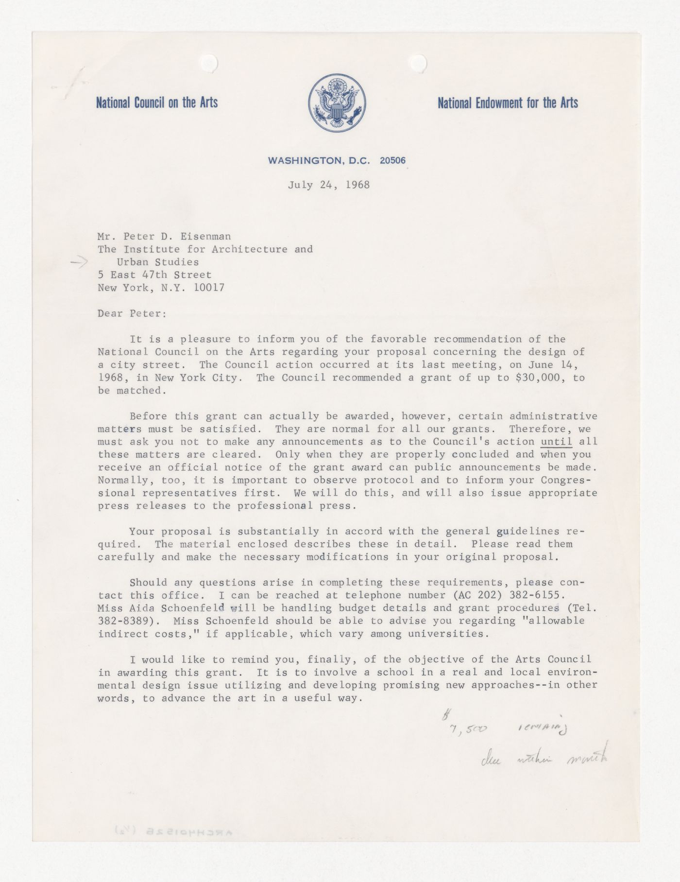 Letter from Paul D. Spreiregen to Peter D. Eisenman about funding from the National Endowment for the Arts (NEA)