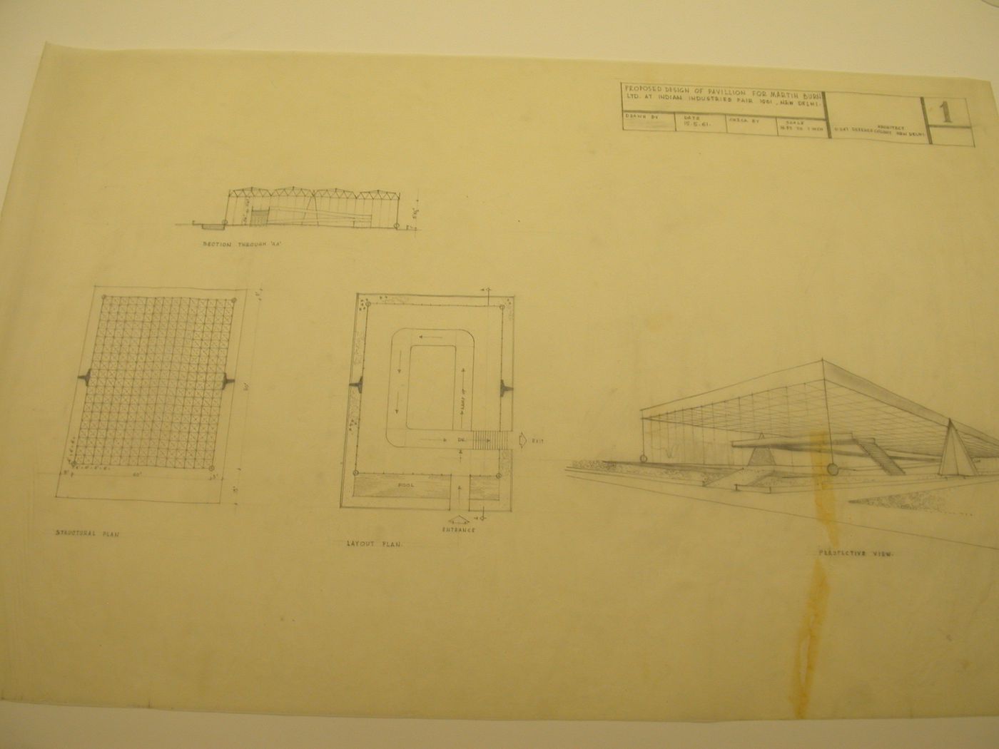 Pavilion for Martin Burn Ltd., Indian Industries Fair, New Delhi, Inde : Coupe, plans et perspective