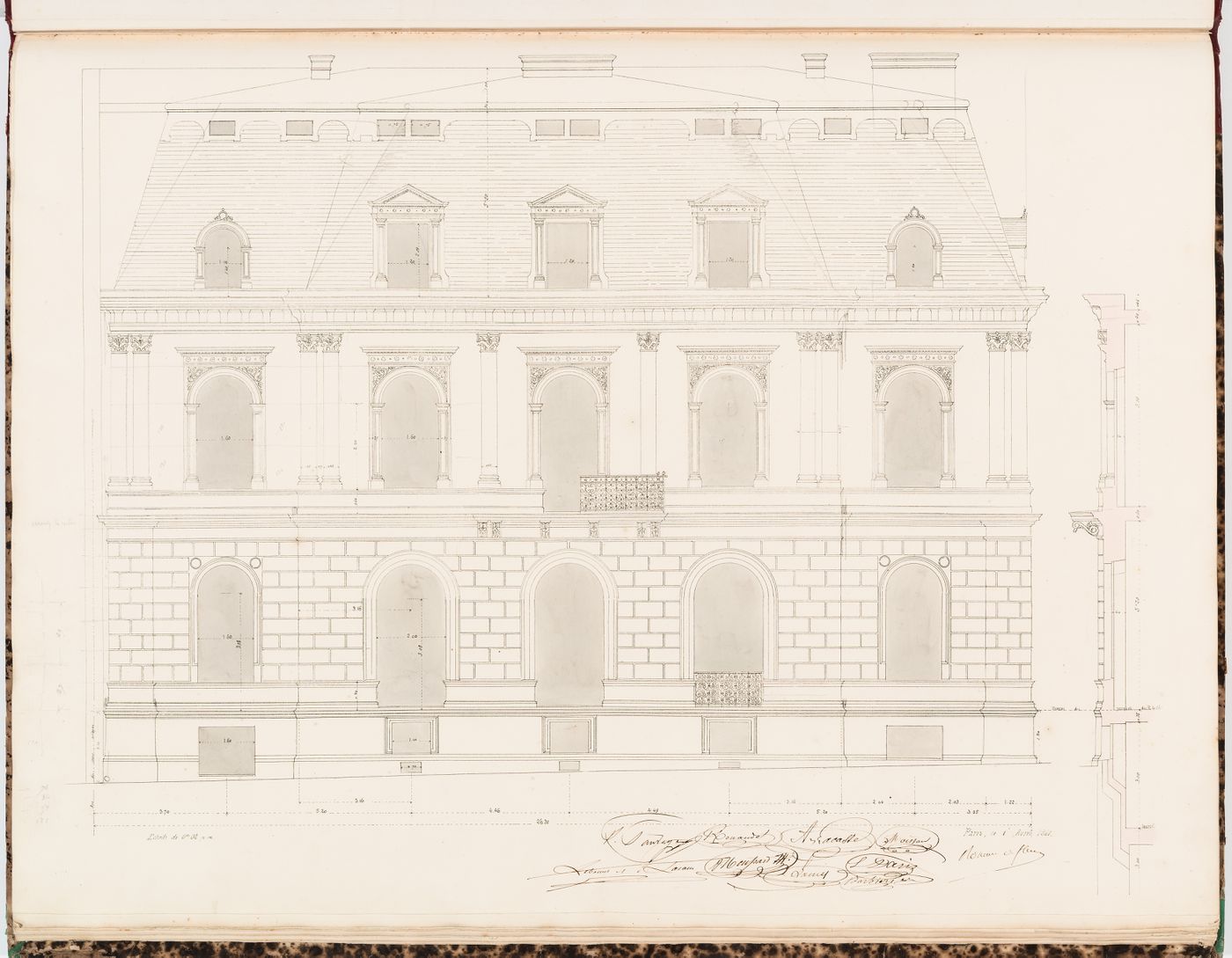 Side elevation for the "pavillon nord", avenue des Champs-Élysées, including a wall section, Hôtel Sauvage, Paris