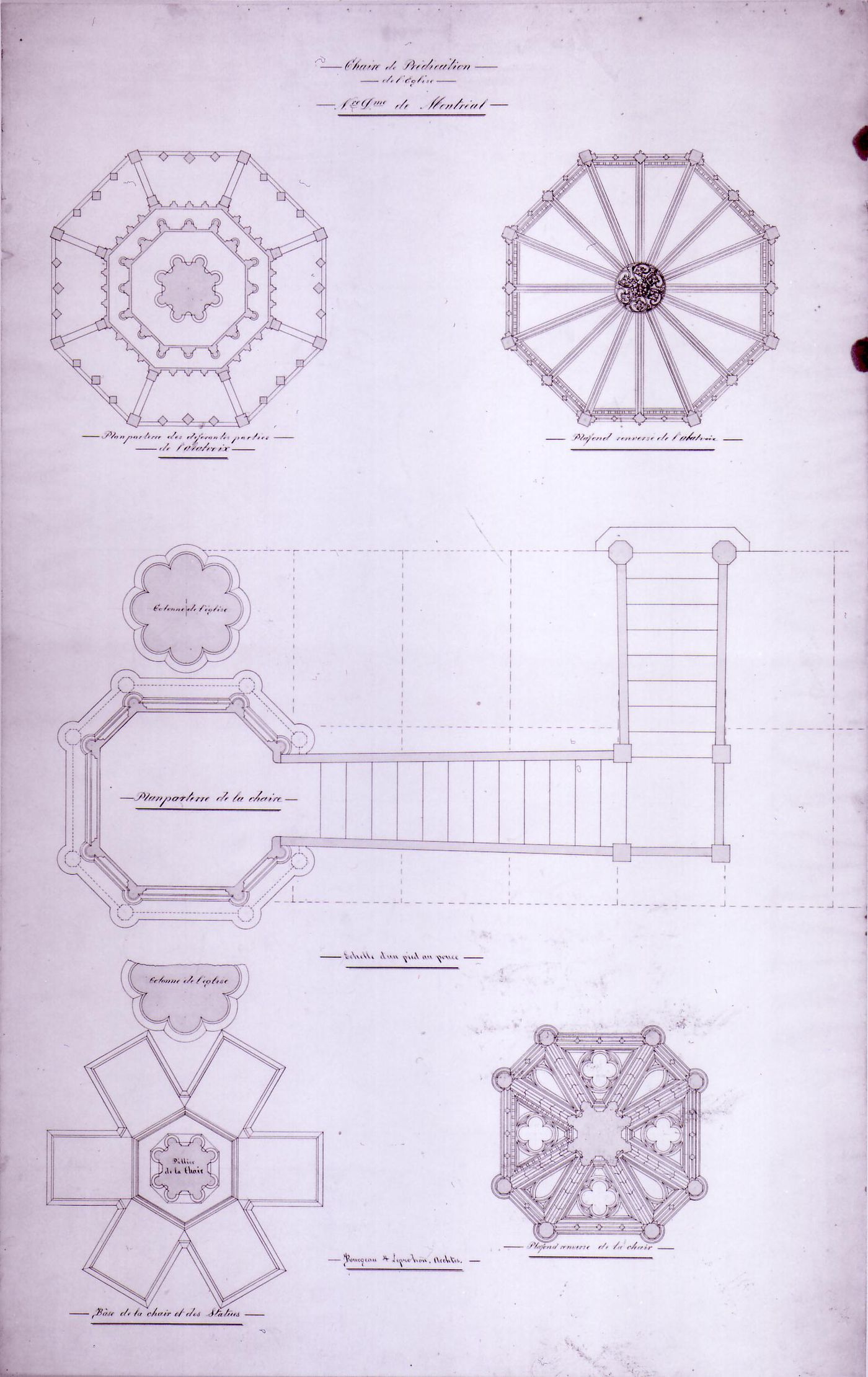 Plans for the pulpit for the interior design by Bourgeau et Leprohon for Notre-Dame de Montréal