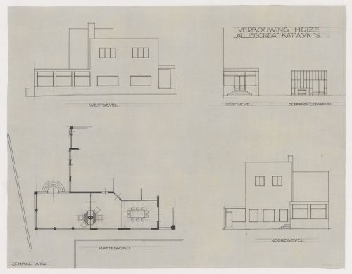 Elevations, partial elevation, partial section and partial plan for additions by J.J.P. Oud for Villa Allegonda, Katwijk aan Zee, Netherlands