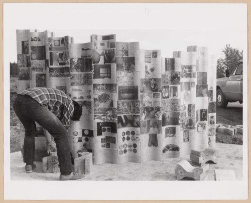 Photograph of the transferring technique used to decorate one wall of the Saddle Lake demonstration project for the Minimum Cost Housing Group's publication "Sulphur Concrete & Very Low-cost Housing"