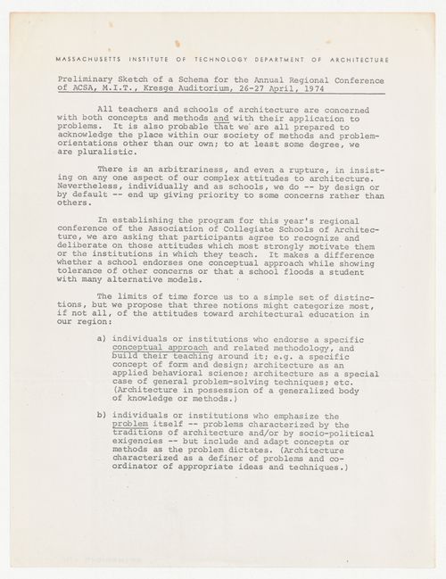 Preliminary sketch of a schema for the Annual Northeast Regional Conference of the Association of Collegiate Schools of Architecture