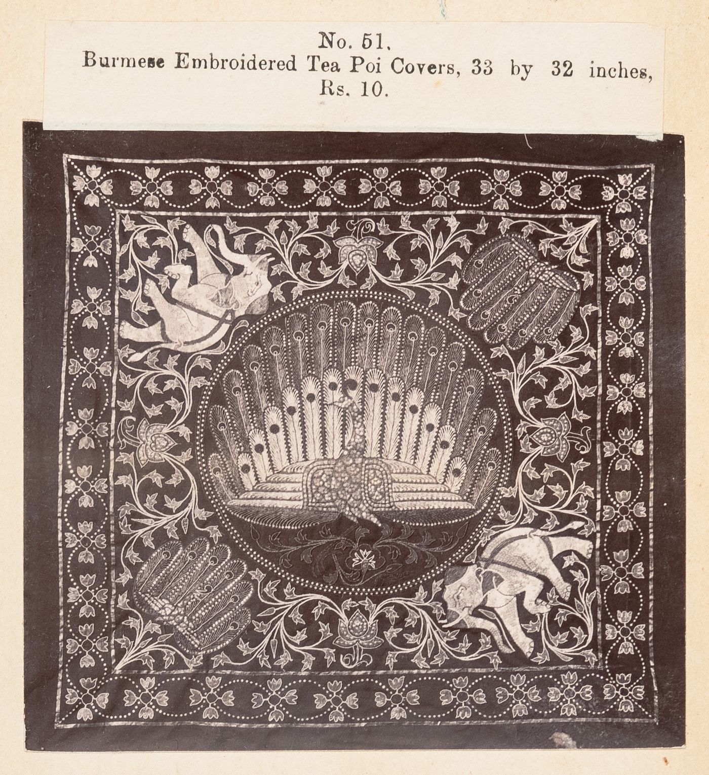 View of a tablecloth, F. Beato Limited, C Road, Mandalay, Burma (now Myanmar)