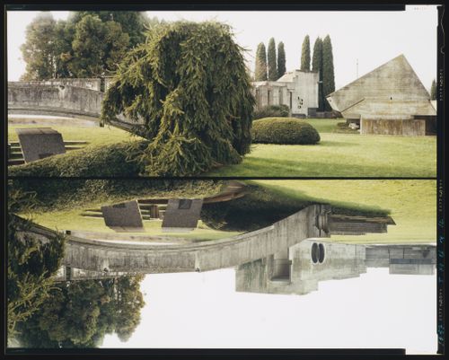 Diptych of the Cimitero Brion showing the propylaeum, acrosolium, chapel and family tomb, San Vito d'Altivole, near Asolo, Italy