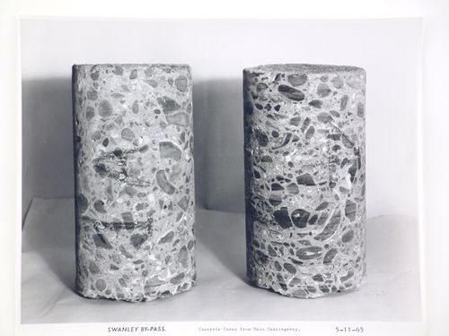 Studio view of concrete cores from main carriageway of the Swanley Bypass, England