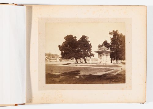 View of the Fountain of the Sweet Waters of Asia (also known as the Fountain of Valide Mihrisah Sultan) with the Bosporus and Rumeli Hisari in the background, Constantinople (now Istanbul), Ottoman Empire (now in Turkey)