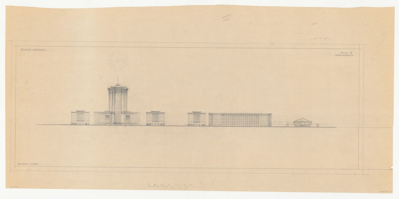 Street elevation for the reconstruction of the Hofplein (city centre) showing Industriegebouw Plan B, other mixed-use developments, and Café Viaduct with a sketch roof plan for Industriegebouw Plan B, Rotterdam, Netherlands