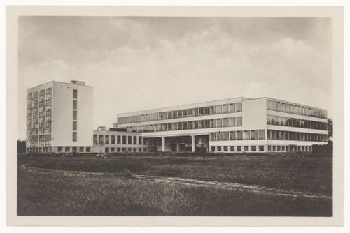 Exterior view of the Bauhaus building showing the studio and administration wings and the housing wing of Dessau Technical School, Dessau, Germany