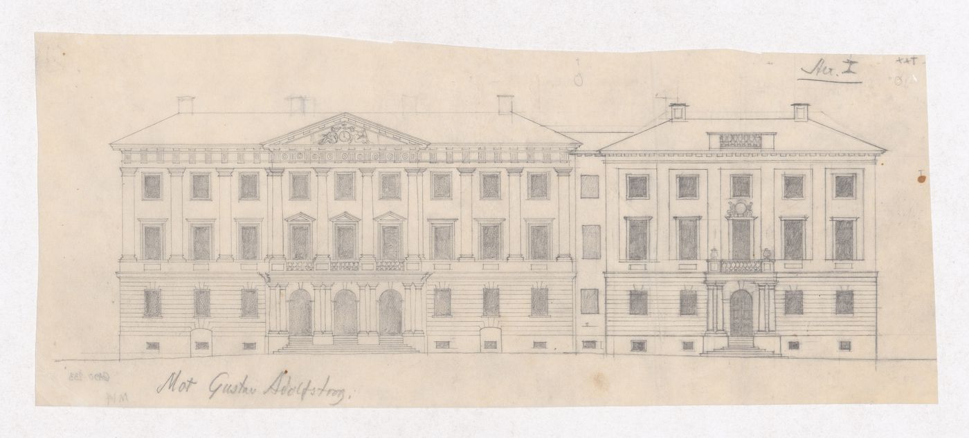 Elevation for the principal façade for the 1918-1925 design for the Göteburg rådhusets tillbyggnad [courthouse annex] showing the 1918-1925 design for the Göteburgs rådhus [courthouse], Göteborg, Sweden