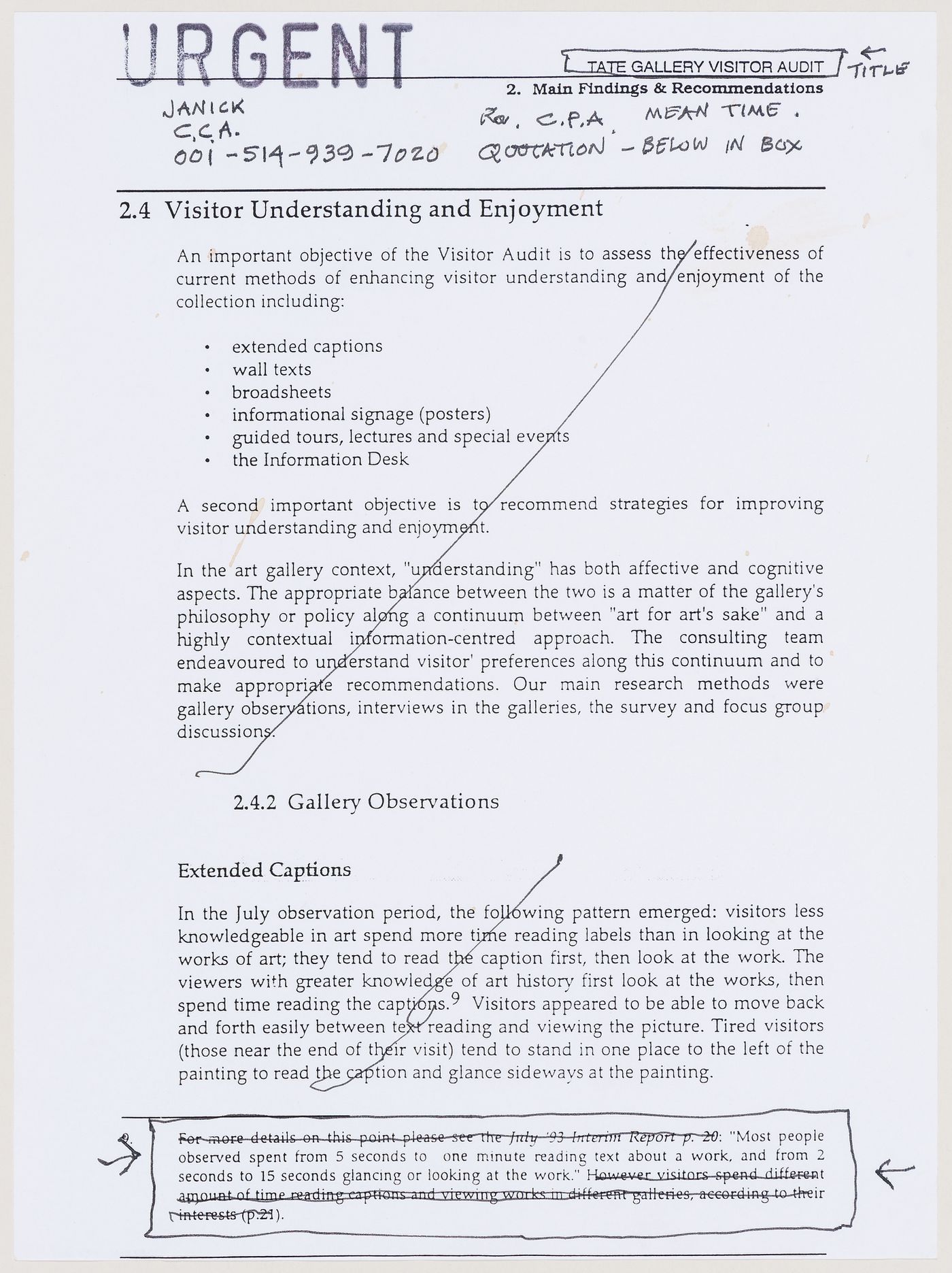 Annotated copy of a Tate Gallery Visitor Audit (document from Mean project records)