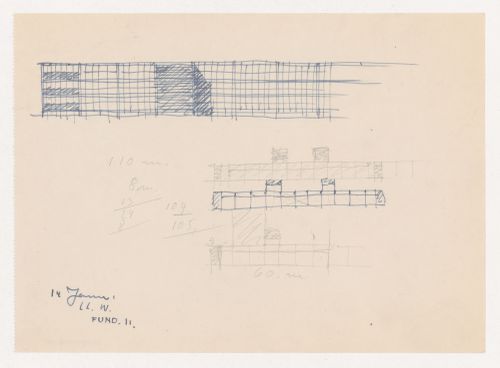 Sketch plans and sketch elevation for a campus building for Illinois Institute of Technology