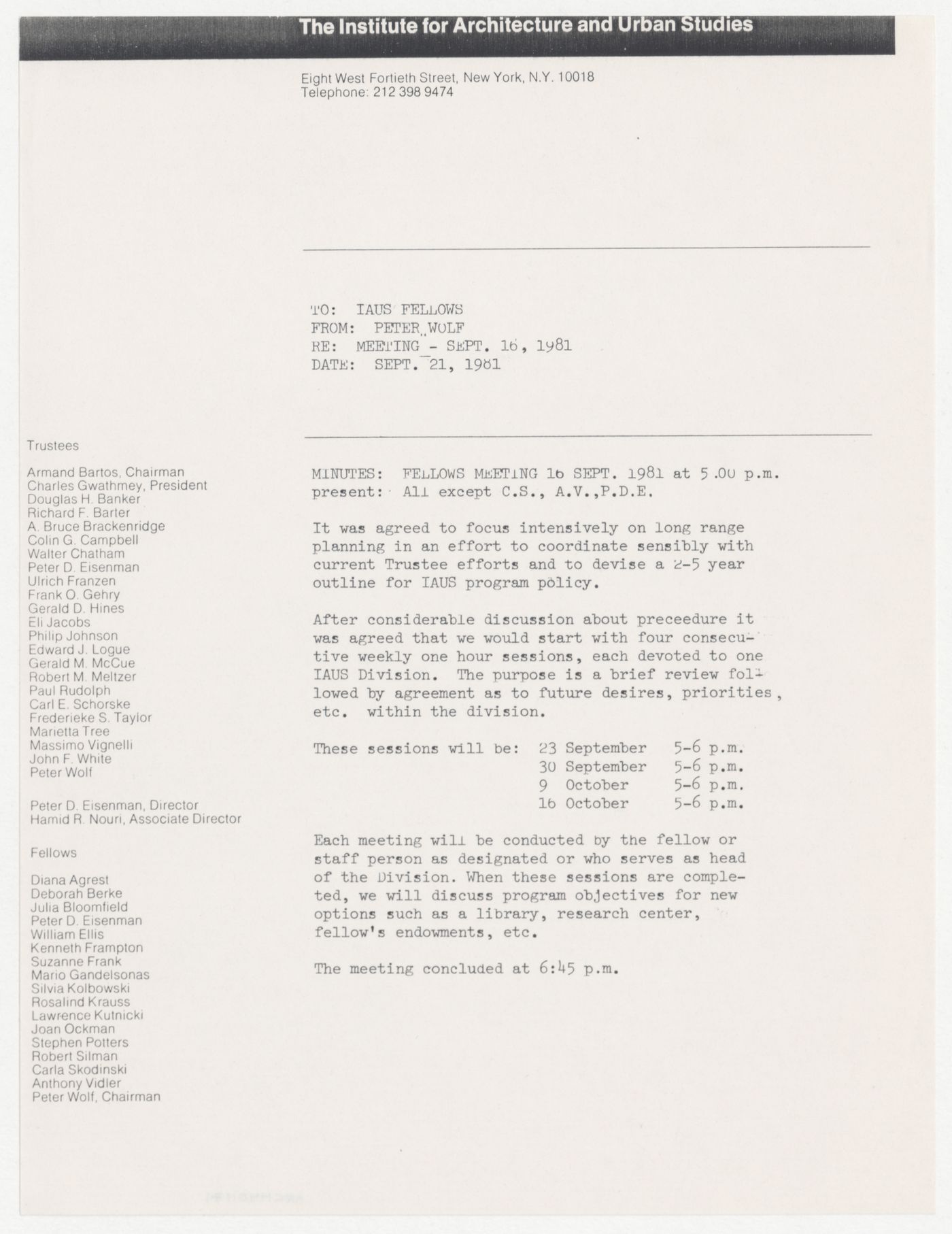 Minutes of meeting of the Fellows on September 16th, 1981