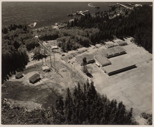 Aerial view of Alert Bay Elementary School and telecommunication towers, Alert Bay, British Columbia, Canada