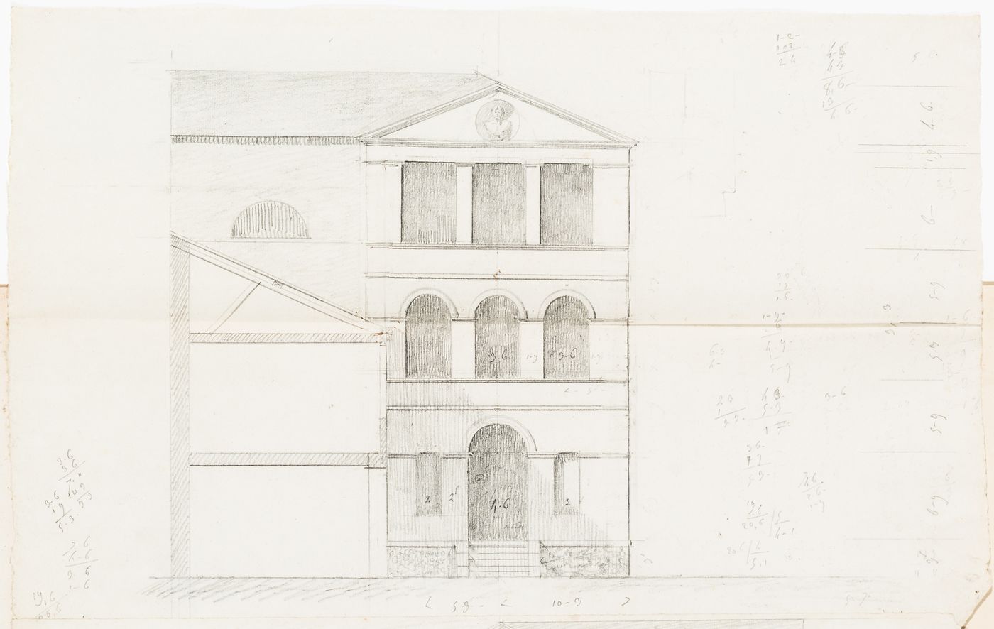 Rohault de Fleury House, 12-14 rue d'Aguesseau, Paris: Sectional elevation for the entrance façade; verso: Unidentified sketches