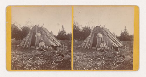 Stereographic view of two Mi'kmaq people in front of a wigwam, New Brunswick, Canada