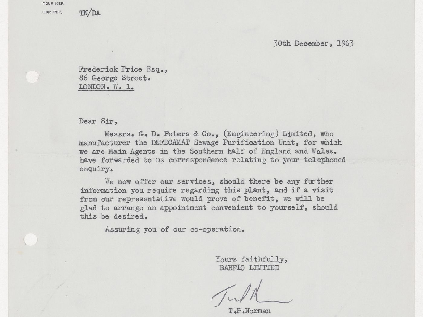 Letter from T.P. Norman of Barflo Limited to Frederick Price regarding the Defecamat Sewage Purification Unit