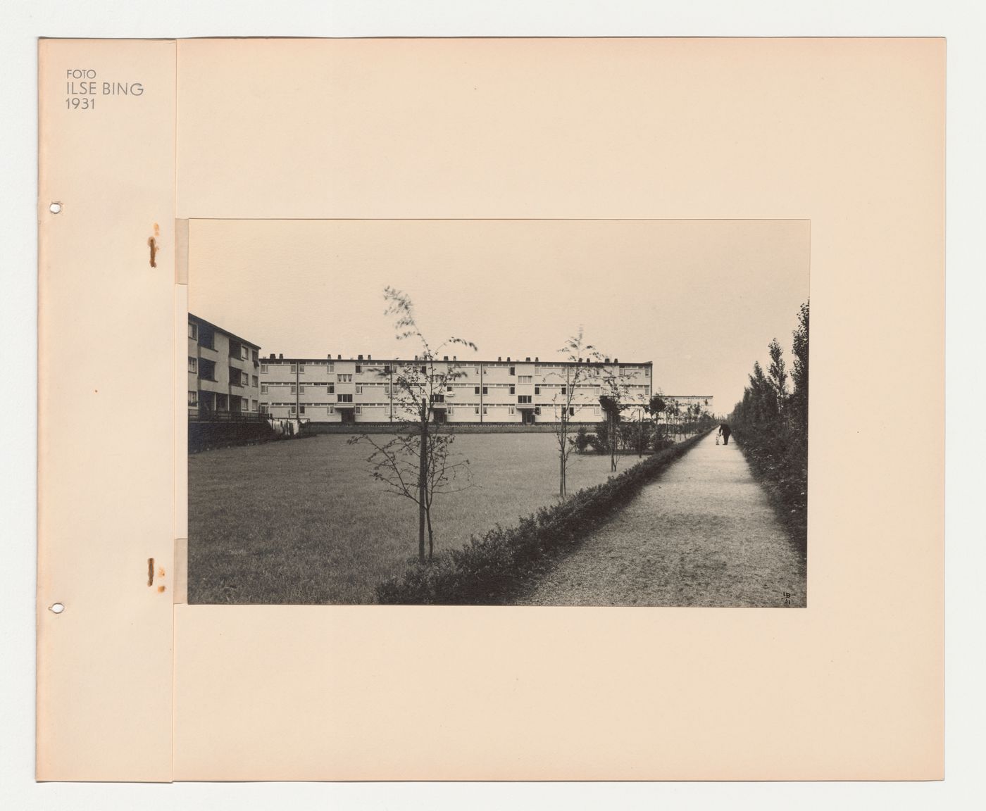 View of walking path and apartment houses in the Hellerhof Housing Estate, Frankfurt am Main, Germany