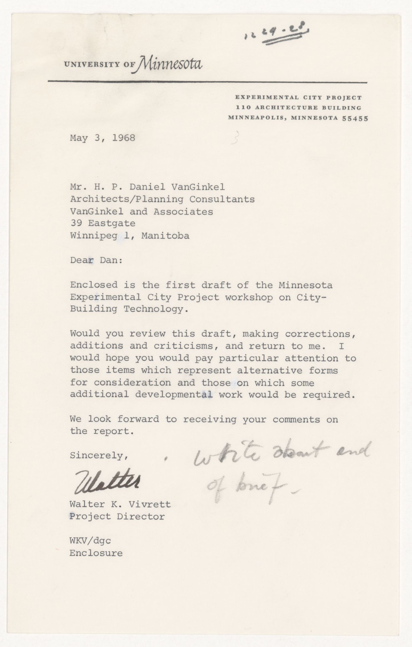 Letter from Walter K. Vivrett to H. P. Daniel van Ginkel for Experimental City Project