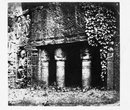 View of the caravanserais showing façade reliefs on the left, Cave 19, Ajanta, India