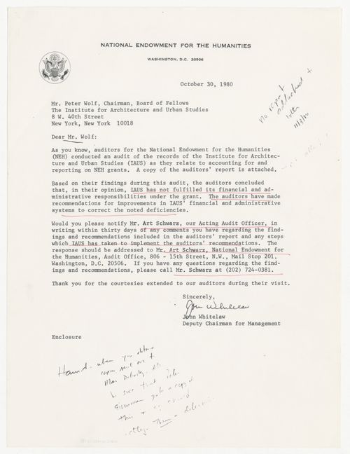 Letter from John Whitelaw to Peter Wolf about audit of IAUS compliance with financial and administrative requirements for National Endowment for the Humanities (NEH) grants