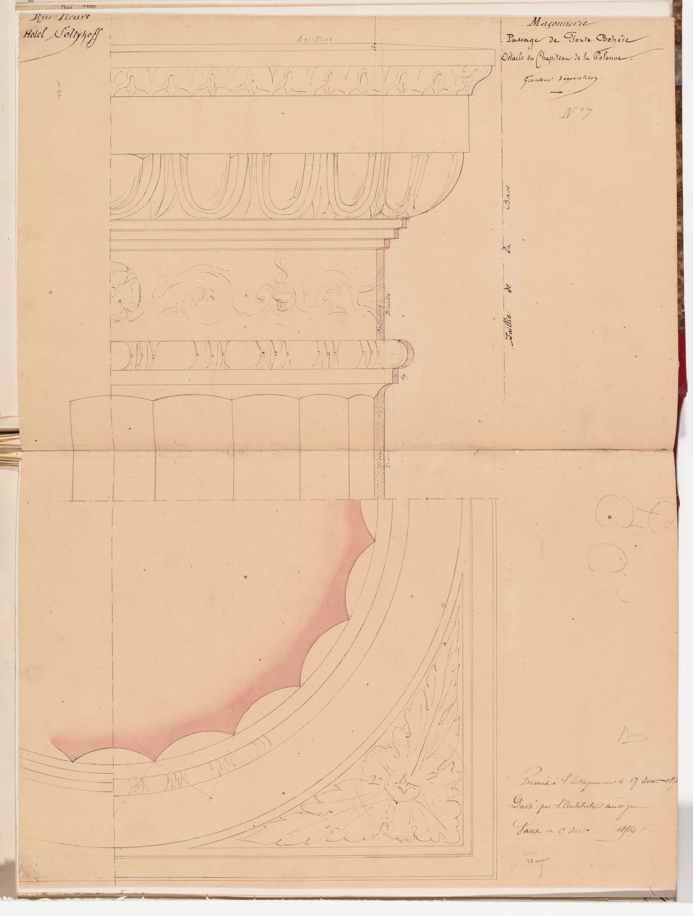 Full-scale half elevation and partial reflected plan for the capital and the upper shaft of the columns for the porte cochere, Hôtel Soltykoff