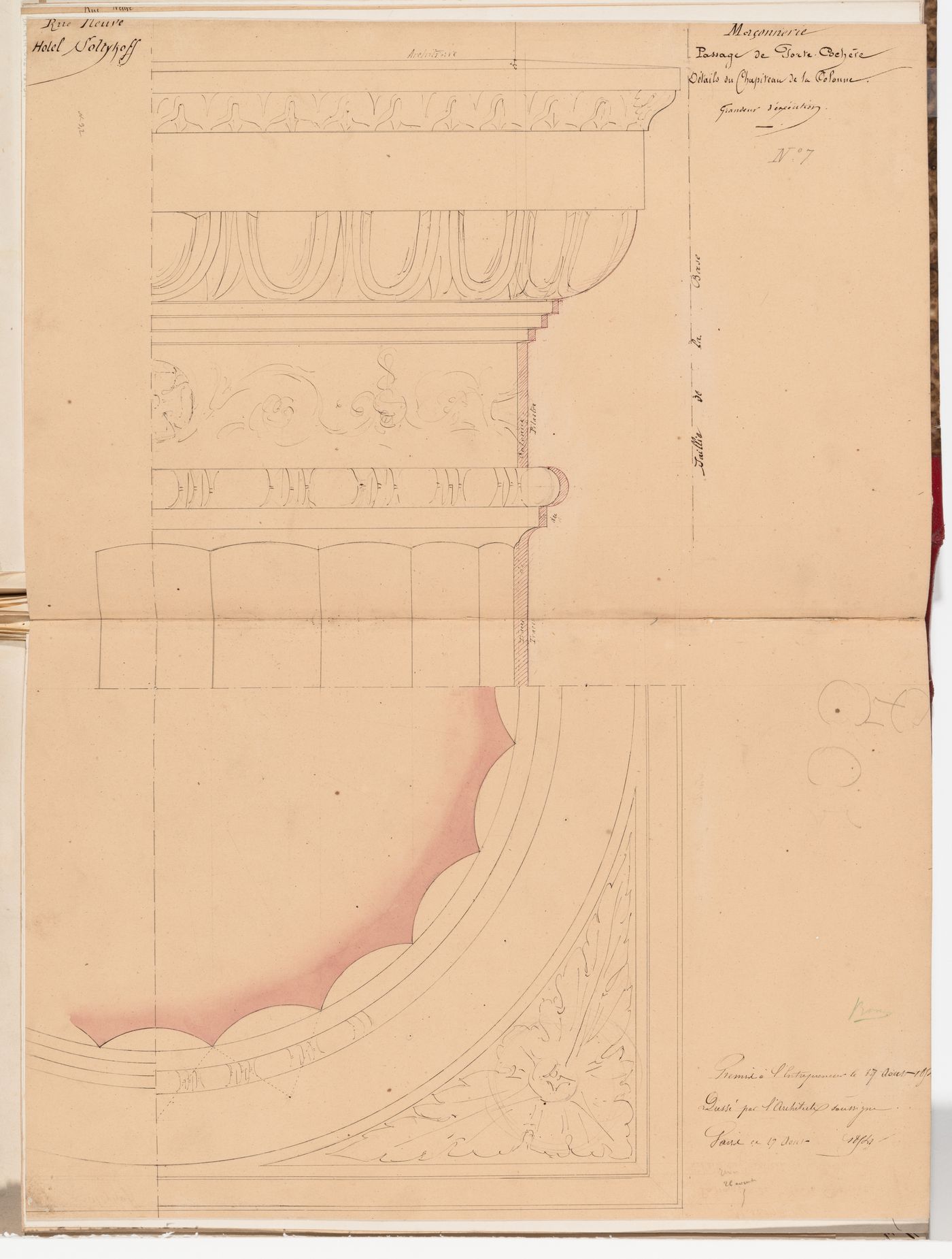 Full-scale half elevation and partial reflected plan for the capital and the upper shaft of the columns for the porte cochere, Hôtel Soltykoff