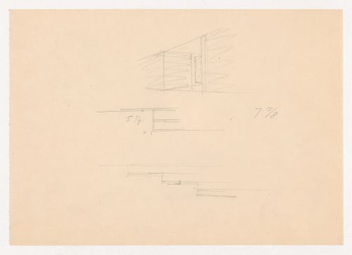 Interior perspective sketch, sketch elevation for stair risers and unidentified sketch for the Metallurgy Building,  Illinois Institute of Technology, Chicago