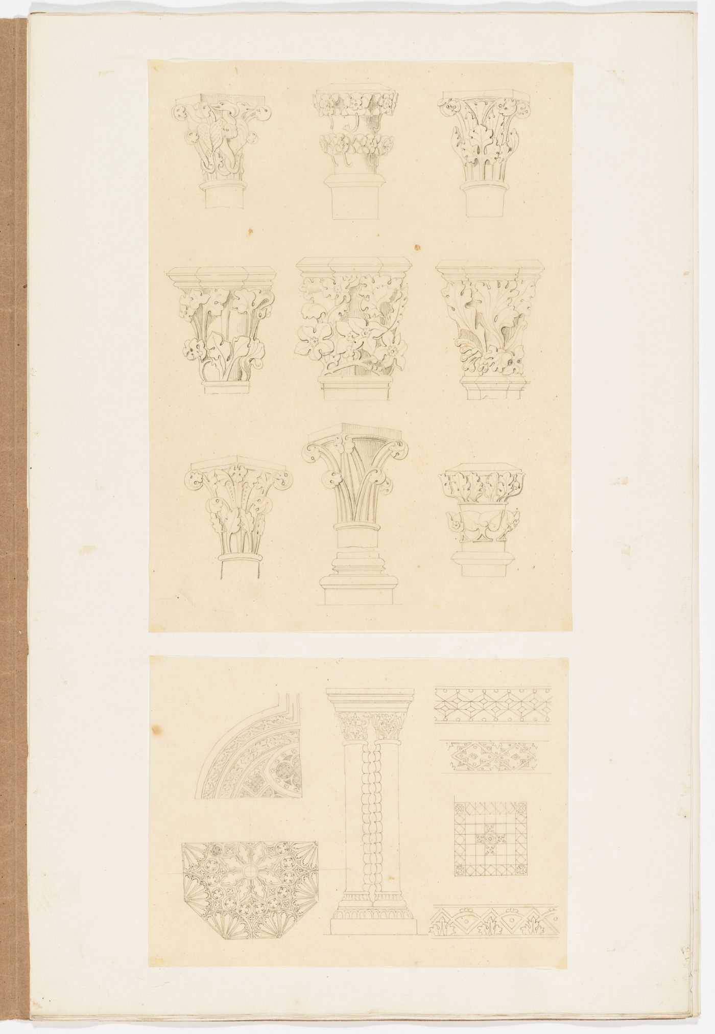 Drawings of Gothic capitals, one with a base, a pair of scalloped columns, and bands and panels decorated with geometric patterns and foliage