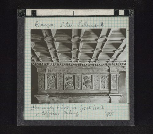 View of ornamentation of chimney and coffered ceiling of Great Hall of Hôtel Lallemant, Bourges, France