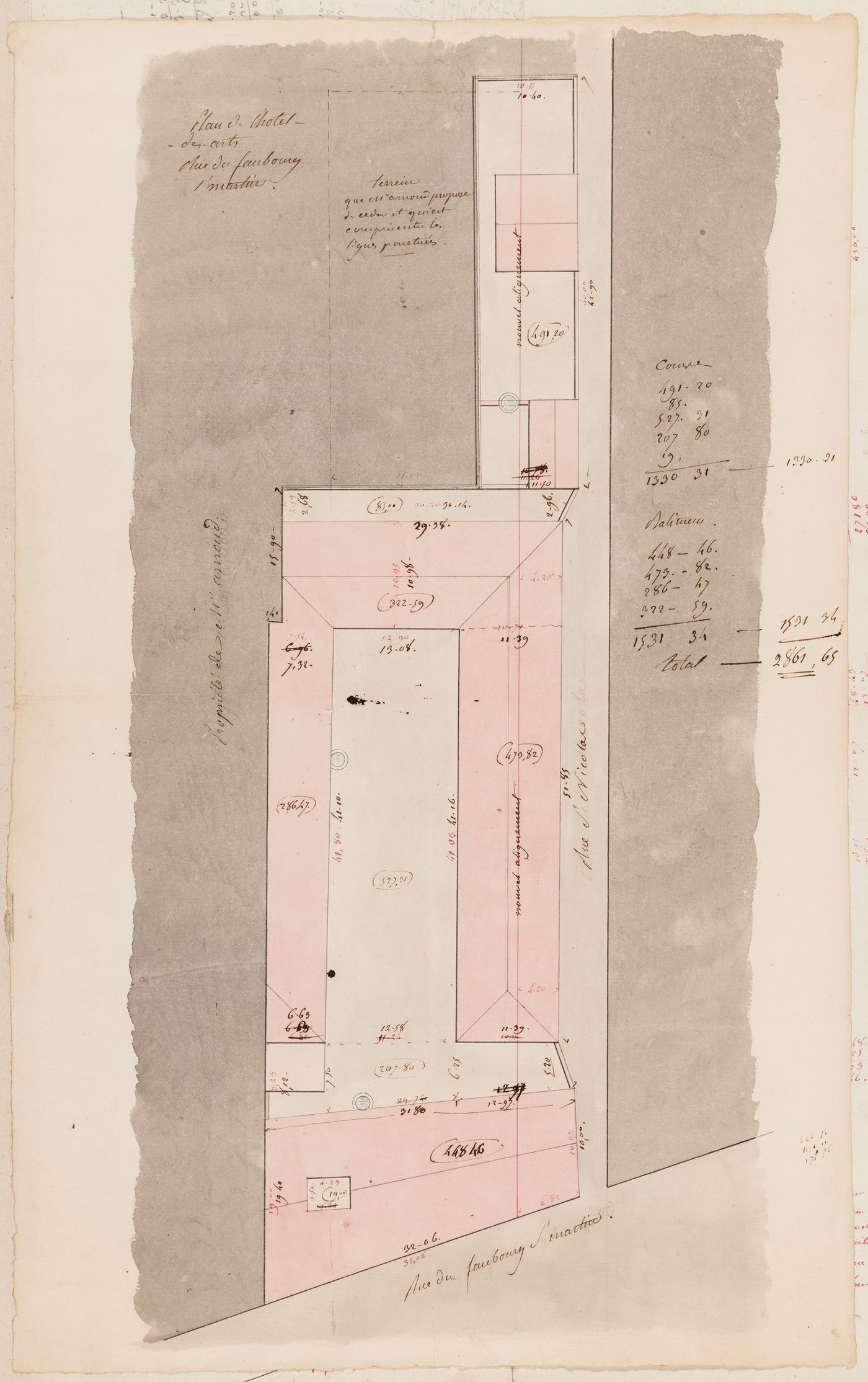 Project for alterations to the caserne de gendarmerie, rue du Faubourg-Saint-Martin: Block plan of the Hôtel des arts