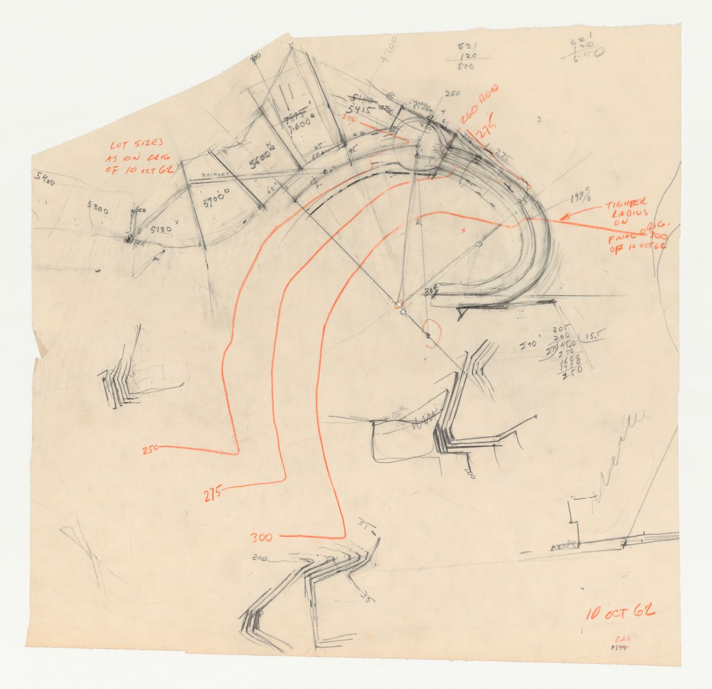 Swedenborg Memorial Chapel, El Cerrito, California: Partial site plan for the access road with grading sketches and sketch slope profile
