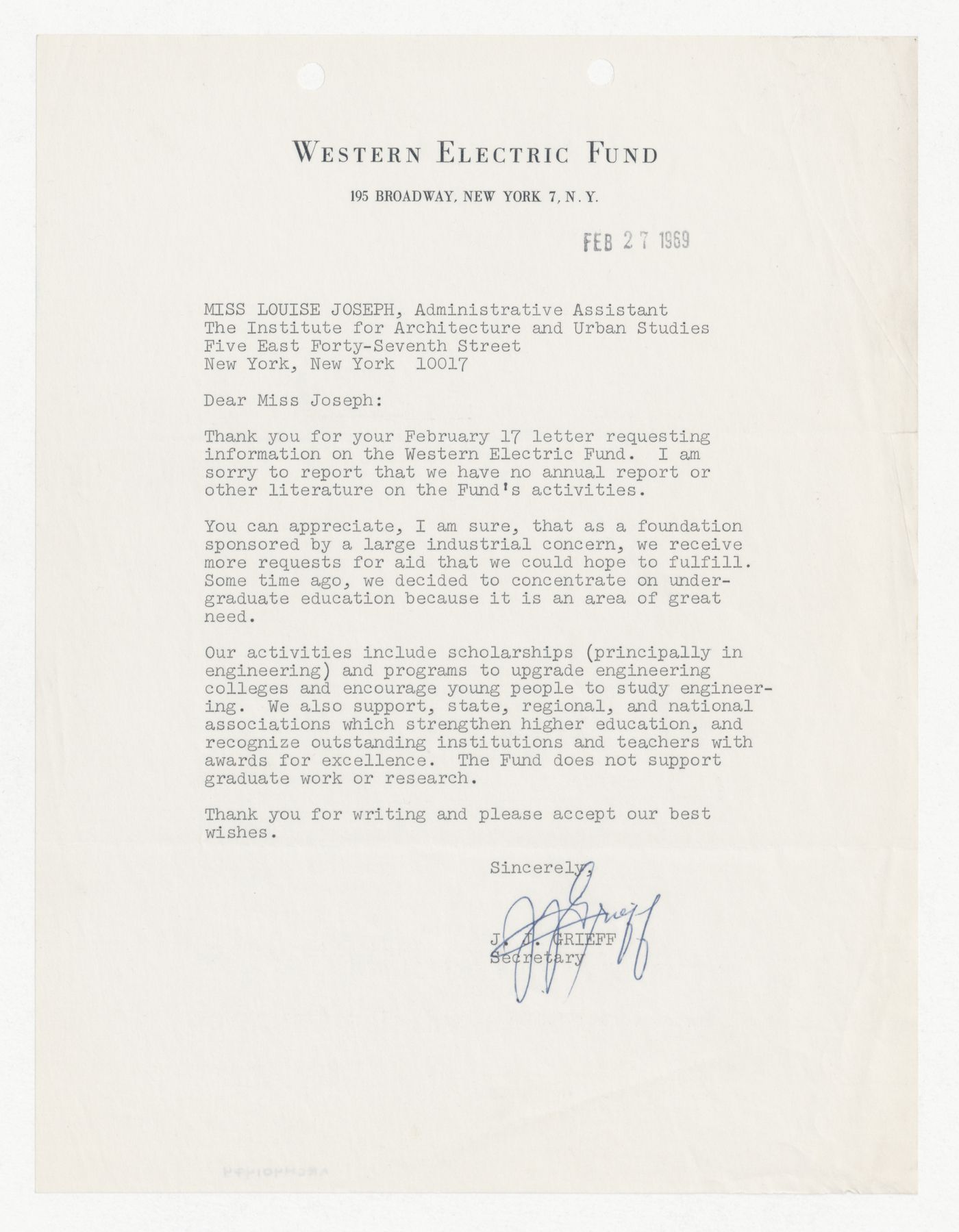 Letter from J. J. Grieff to Louise Joseph about funding from the Western Electric Fund