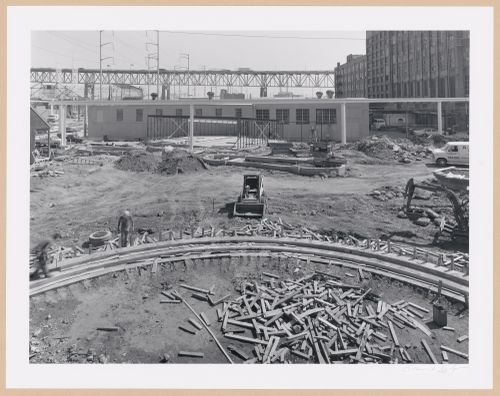 View of part of the Waterworks [?] under construction showing the Monorail track in the background, Louisiana World Exposition, New Orleans