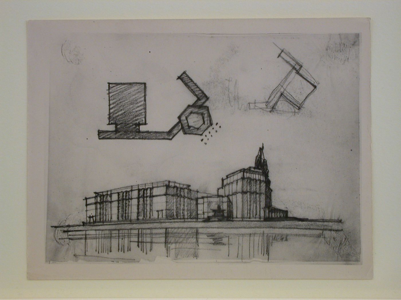Photograph of a plans and perspective sketches for the Izvestiia newspaper combine, Moscow