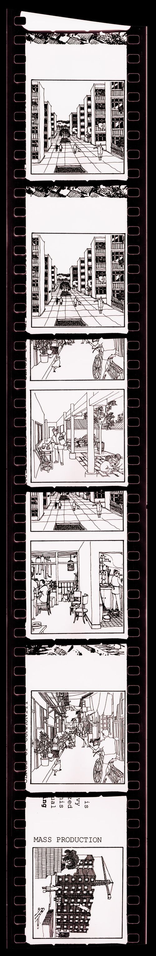 Negative strip of illustrations for the publication "Housing a Billion: Urban Upgrading: Design Ideals for Rural China" publication