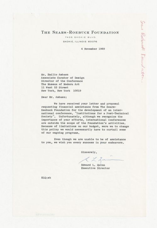 Letter from Edward L. Quinn to Emilio Ambasz responding to proposal for Institutions for a Post-Technological Society conference