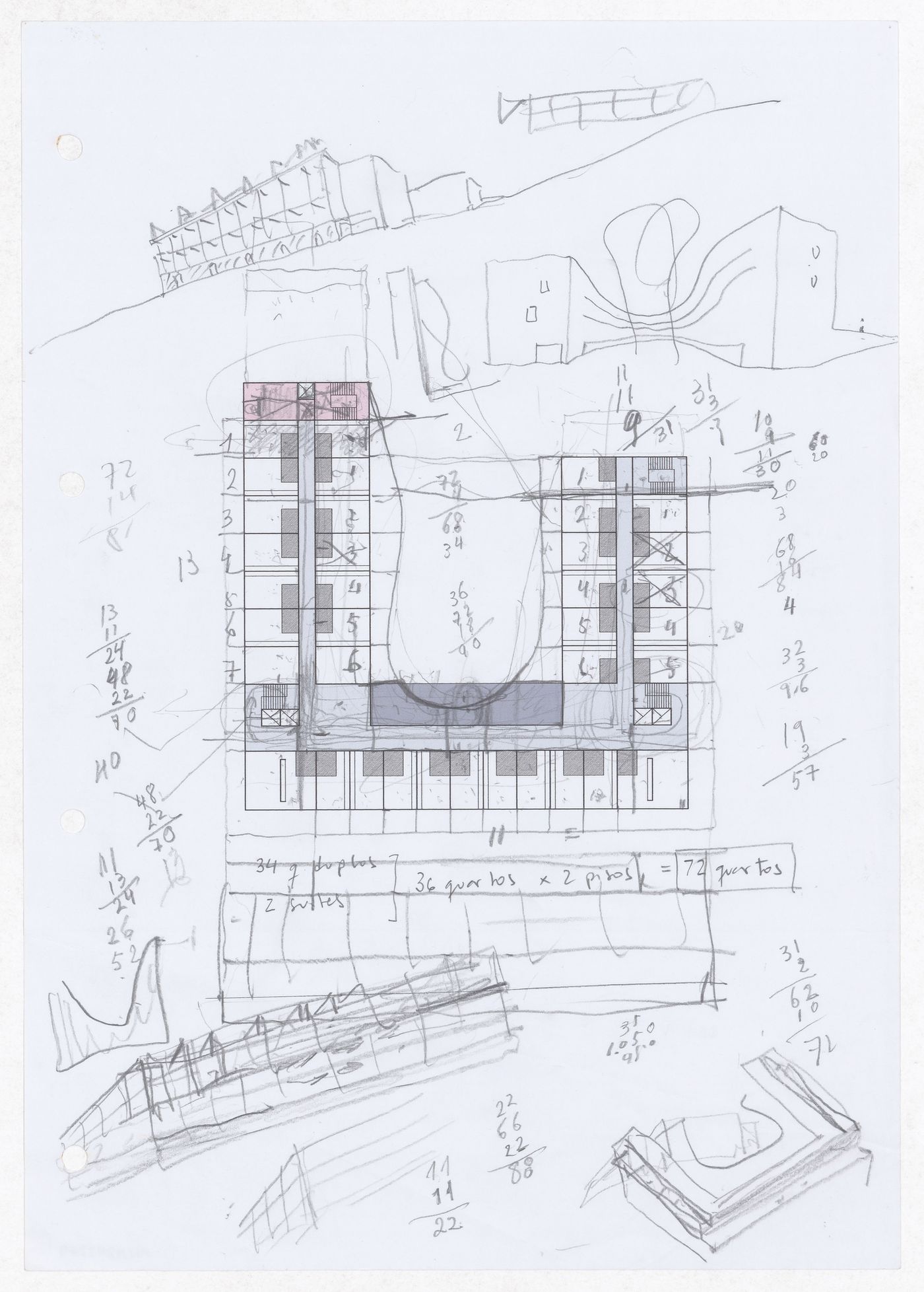 Sketch perspectives and plans with calculations for Parque de Pedras Salgadas, Hotel Avelames, Spa e Casa de Chá, Pedras Salgadas, Portugal