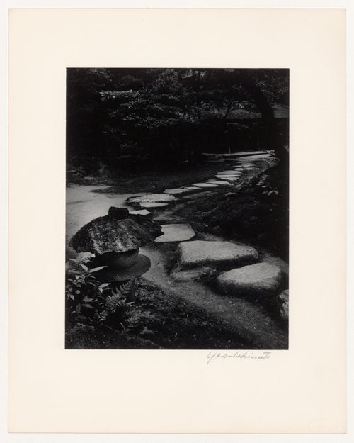 View of a stone lantern and stepping-stones showing the Outside Resting Place (also known as the Waiting Bench) in the background, Katsura Rikyu (also known as Katsura Imperial Villa), Kyoto, Japan