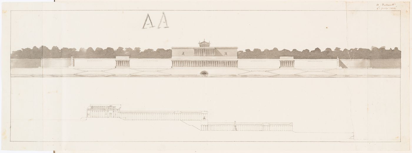 1802 Grand Prix Competition: Elevation, partial elevation and esquisse showing an elevation and sectional elevation for the principal façade for a public fair located on the banks of a large river